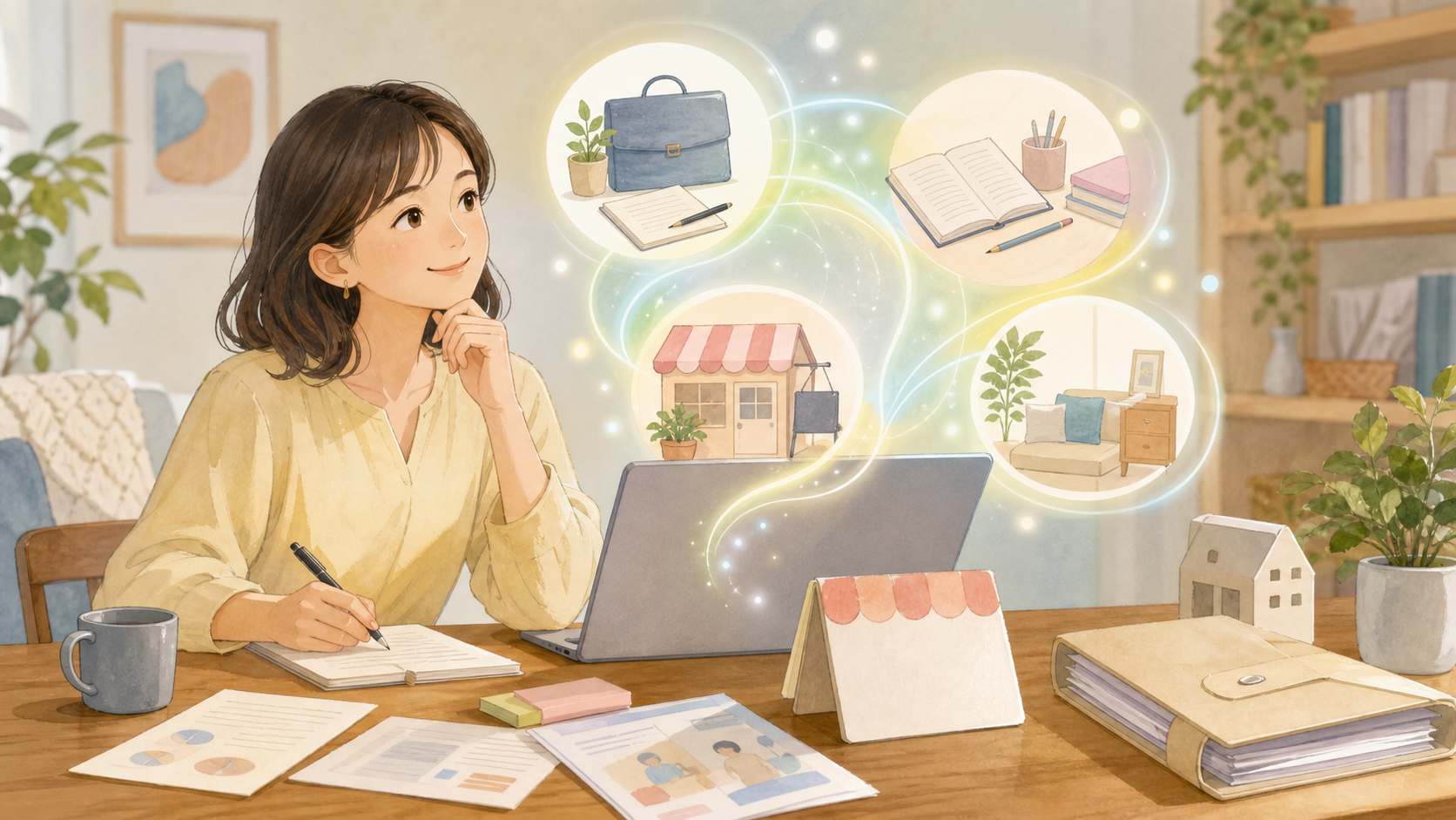 AIを仕事、学校、お店、家庭でどう使うか考える初心者向けイメージ