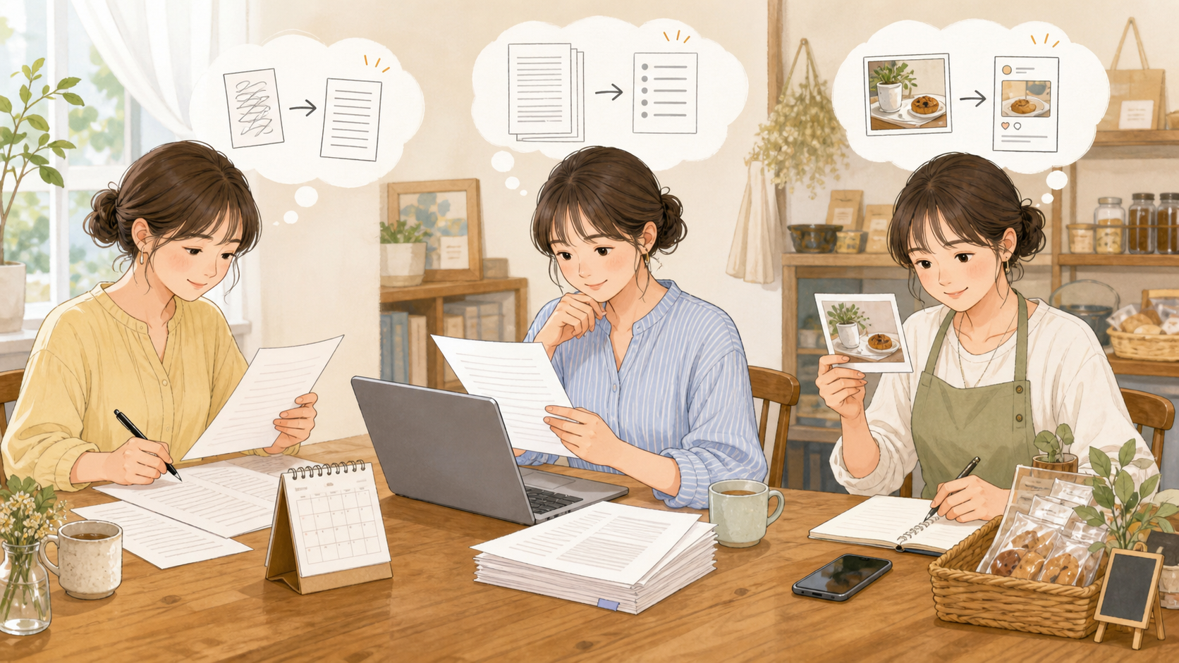 文章の整理、資料の要約、お店の投稿作成などAIの身近な使い方のイメージ